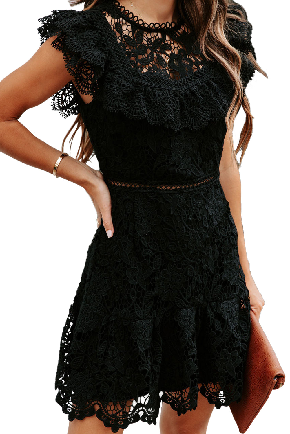 Women's Black Floral Lace Crochet Ruffled High Waist Mini Dress