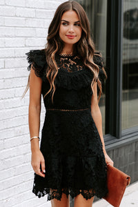 Women's Black Floral Lace Crochet Ruffled High Waist Mini Dress