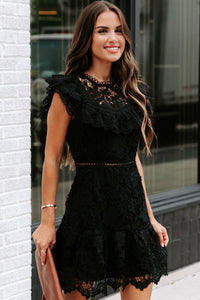 Women's Black Floral Lace Crochet Ruffled High Waist Mini Dress