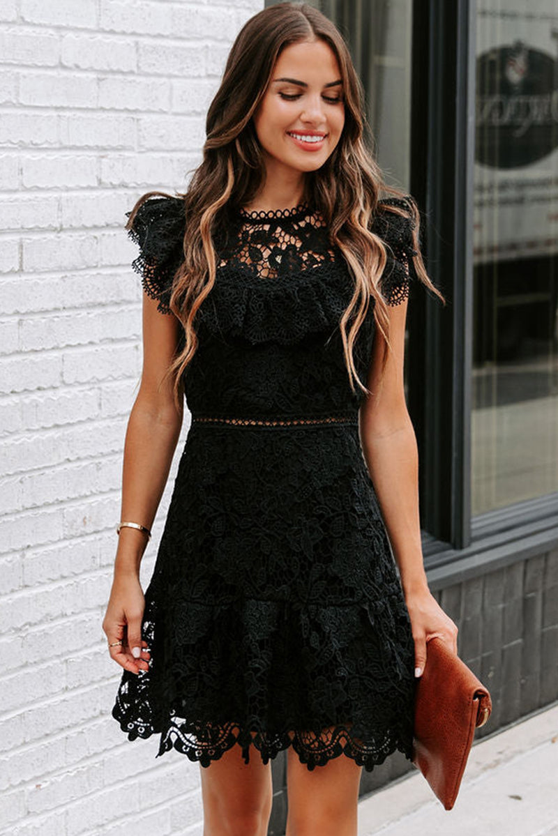 Women's Black Floral Lace Crochet Ruffled High Waist Mini Dress