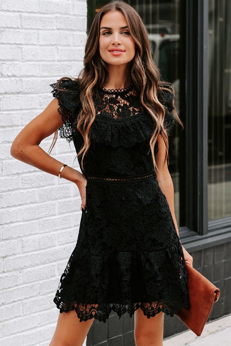 Women's Black Floral Lace Crochet Ruffled High Waist Mini Dress