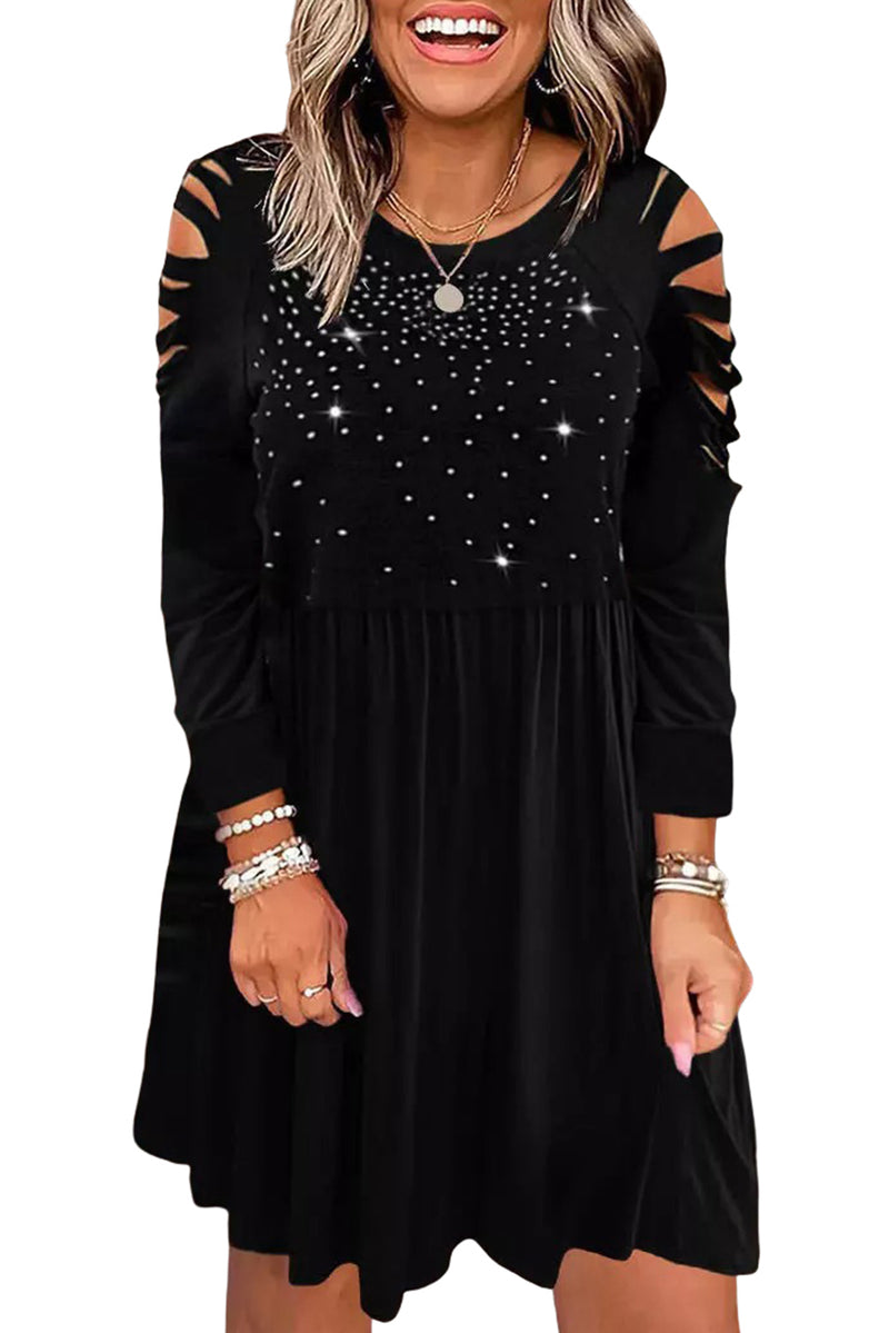 Women's Black Rhinestone Ruffled Hollow Out Mini Dress