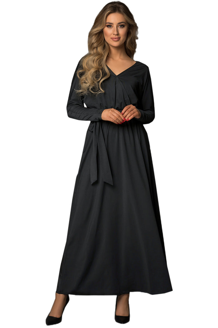 Women's Black V Neck Batwing Long Sleeve Maxi Dress