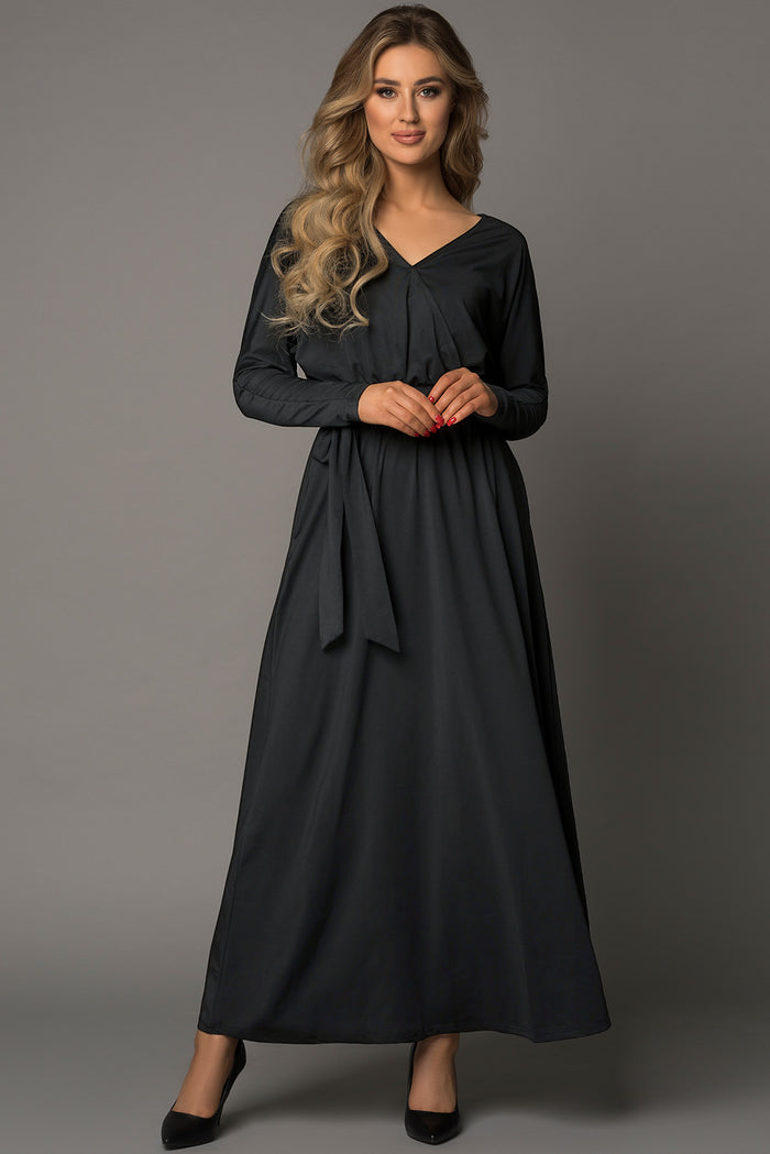 Women's Black V Neck Batwing Long Sleeve Maxi Dress