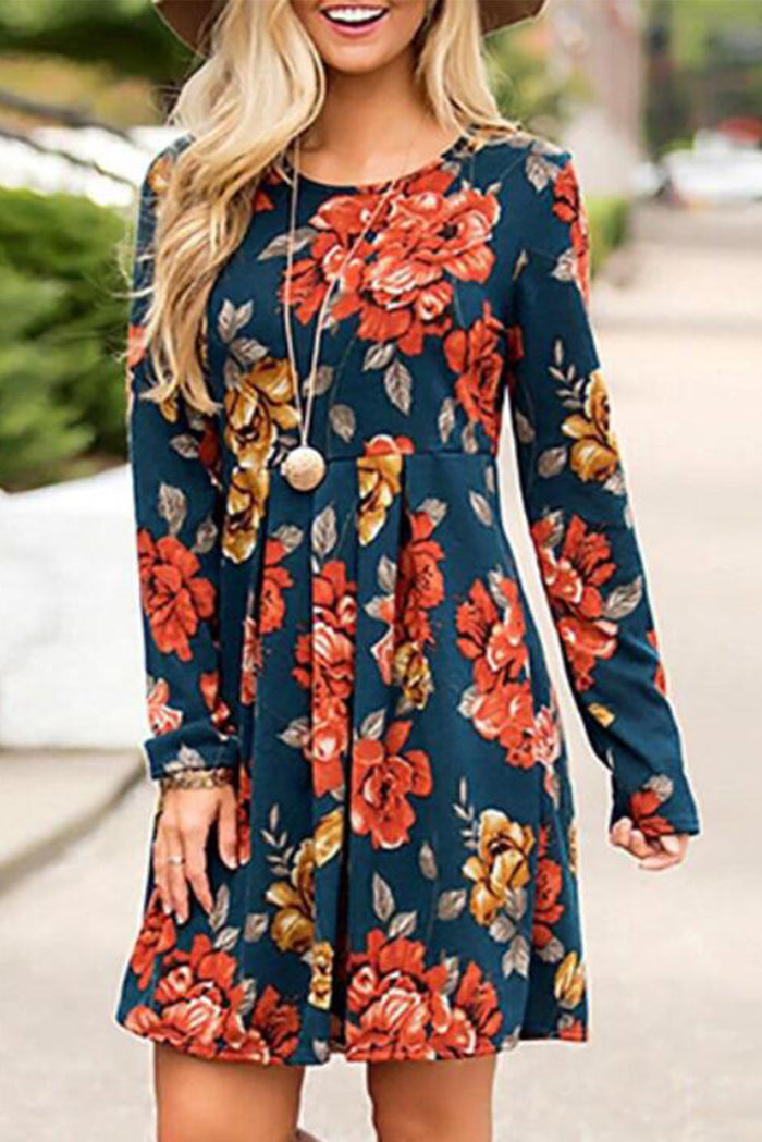 Women's Blue Floral Pleated Long Sleeves Dress