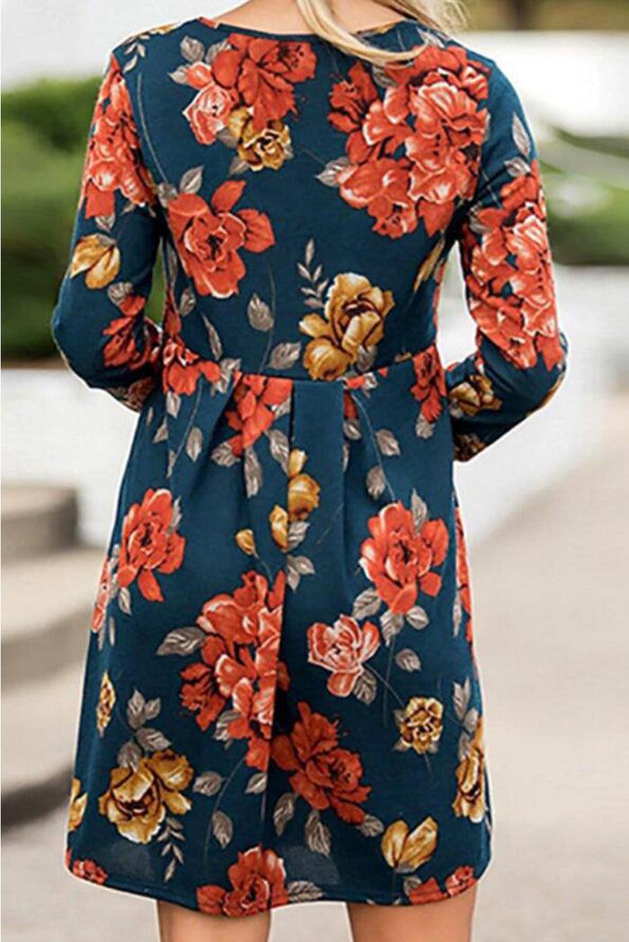 Women's Blue Floral Pleated Long Sleeves Dress