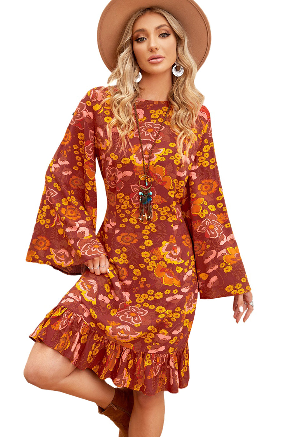 Women's Boho Floral Print Ruffled Long Sleeve Mid Dress Crew Neck