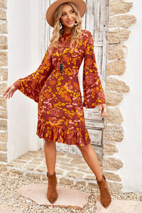 Women's Boho Floral Print Ruffled Long Sleeve Mid Dress Crew Neck