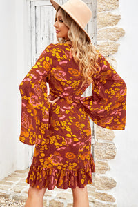 Women's Boho Floral Print Ruffled Long Sleeve Mid Dress Crew Neck