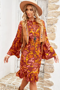 Women's Boho Floral Print Ruffled Long Sleeve Mid Dress Crew Neck