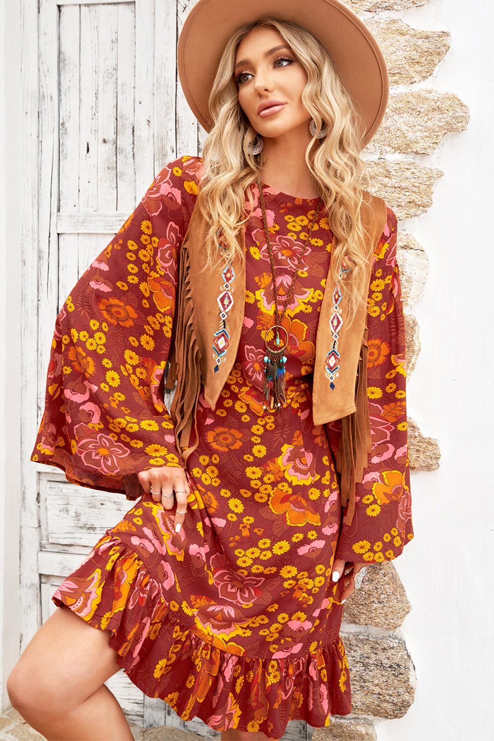 Women's Boho Floral Print Ruffled Long Sleeve Mid Dress Crew Neck