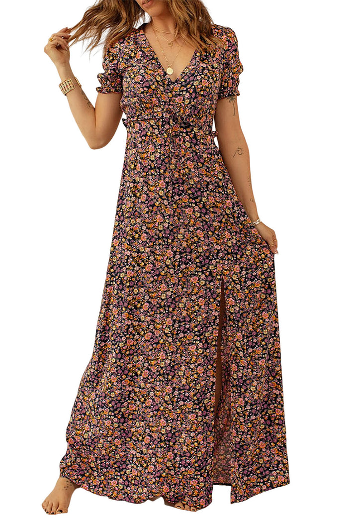 Women's Boho V Neck Bubble Sleeve Floral Maxi Dress