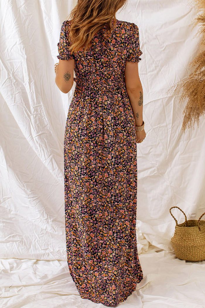 Women's Boho V Neck Bubble Sleeve Floral Maxi Dress