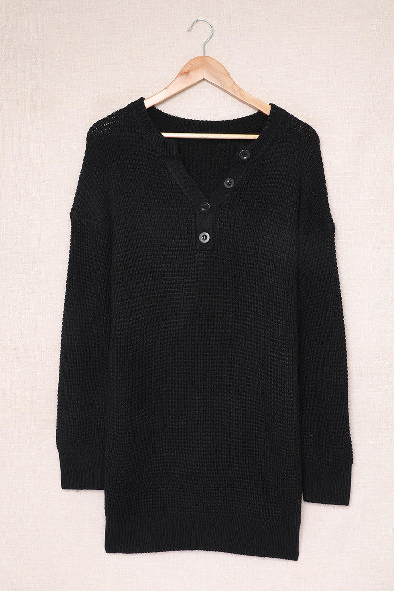 Women's Buttoned Notched Neck Drop Shoulder Waffle Knit Sweater Dress Fit Style