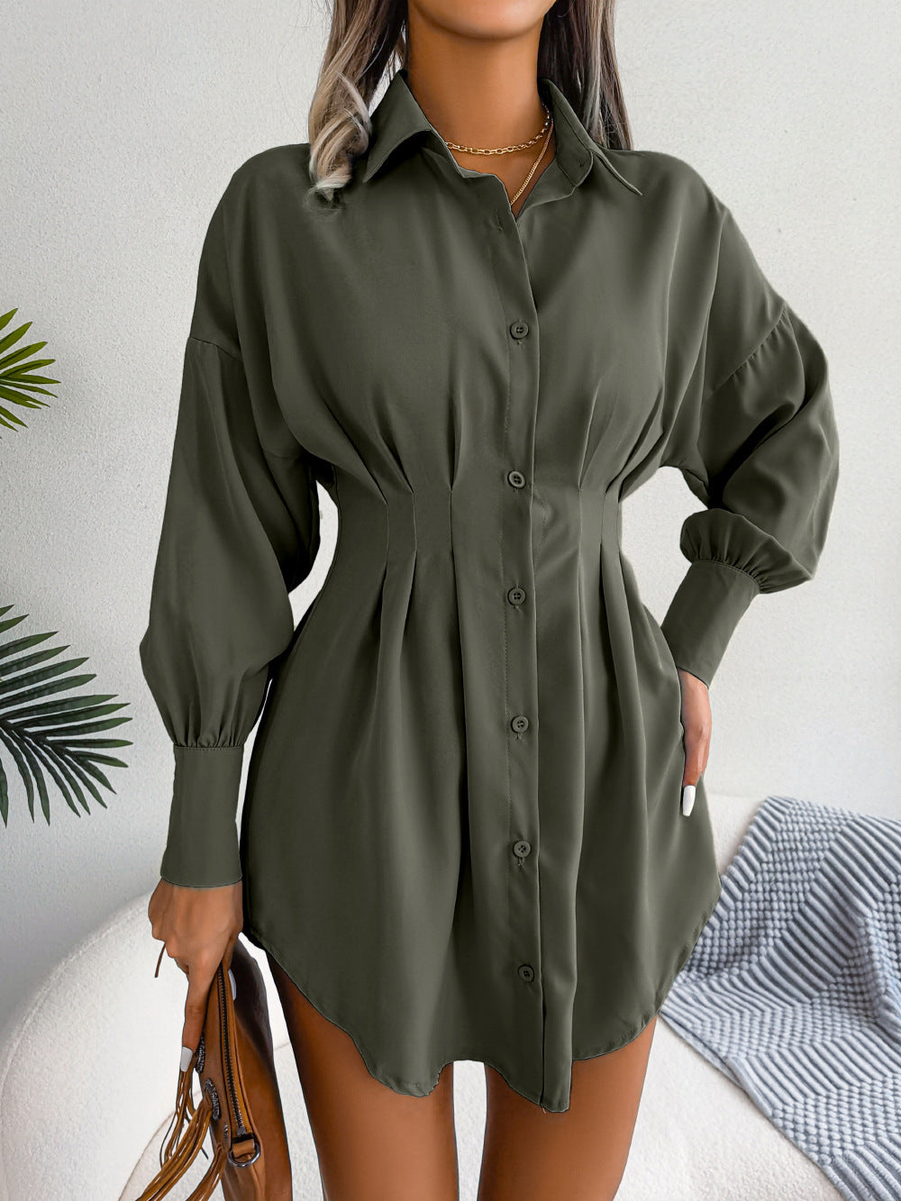 Women's Casual Lantern Long Sleeve Waist Asymmetric Dress Shirt Dress