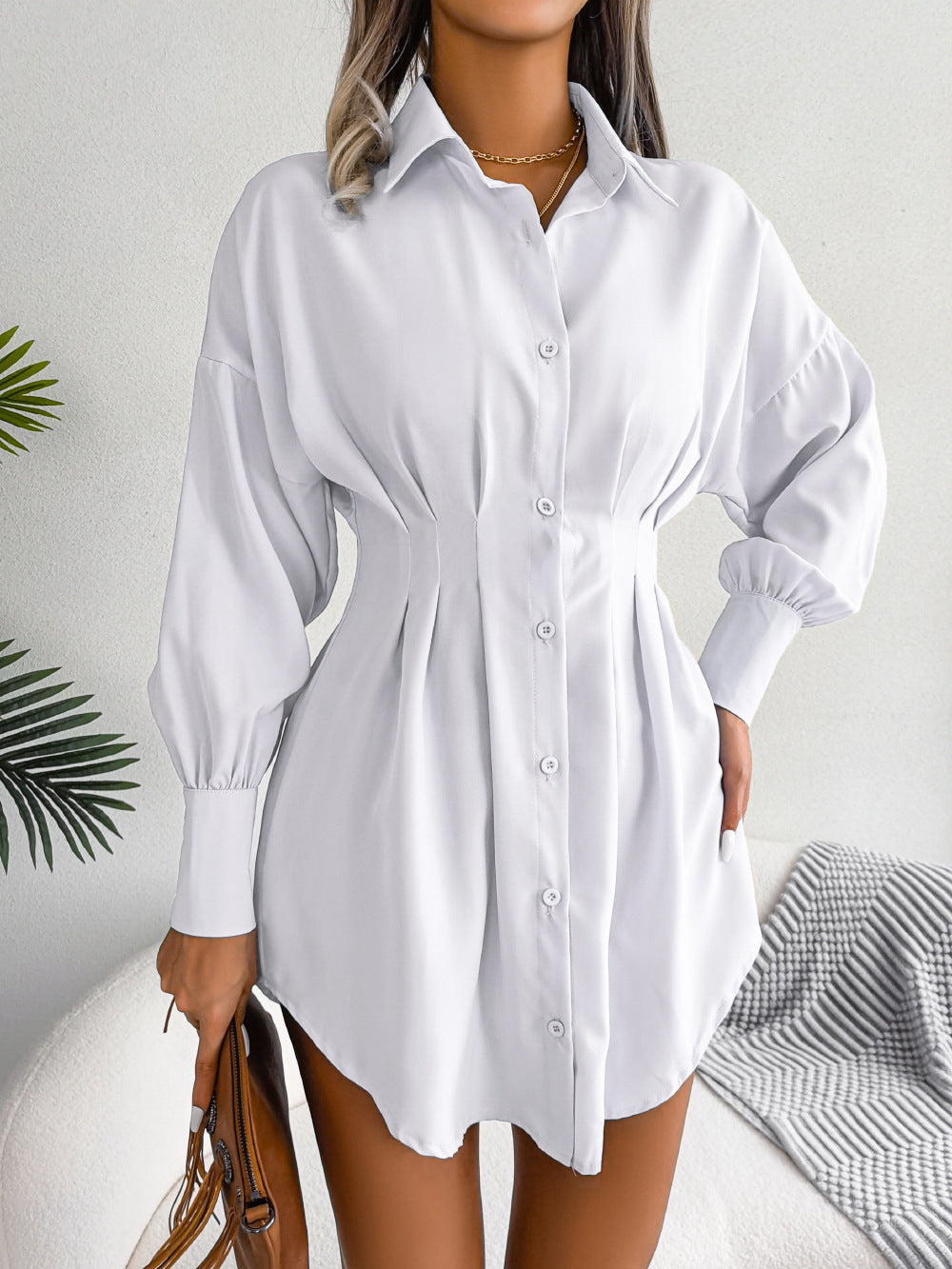 Women's Casual Lantern Long Sleeve Waist Asymmetric Dress Shirt Dress