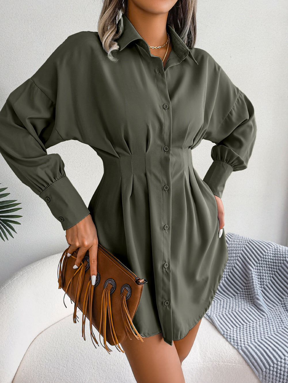 Women's Casual Lantern Long Sleeve Waist Asymmetric Dress Shirt Dress