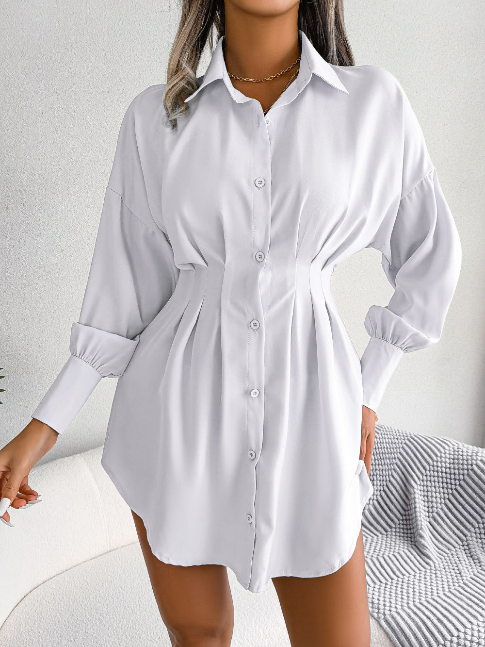 Women's Casual Lantern Long Sleeve Waist Asymmetric Dress Shirt Dress