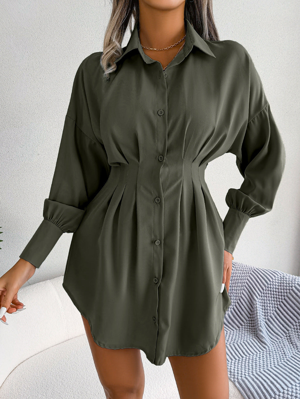 Women's Casual Lantern Long Sleeve Waist Asymmetric Dress Shirt Dress