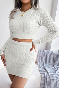 Women's Casual Twist Cropped Sweater Package Hip Skirt Knitted Set