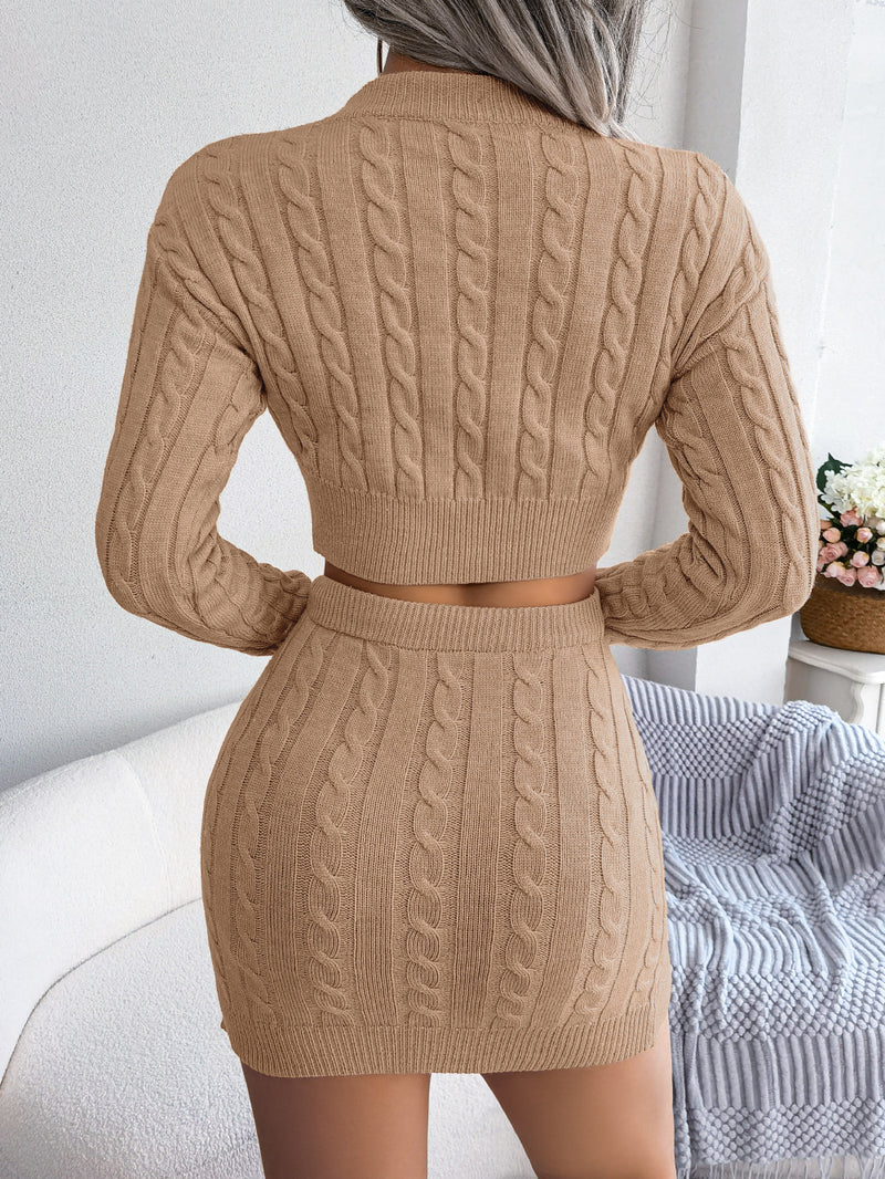 Women's Casual Twist Cropped Sweater Package Hip Skirt Knitted Set