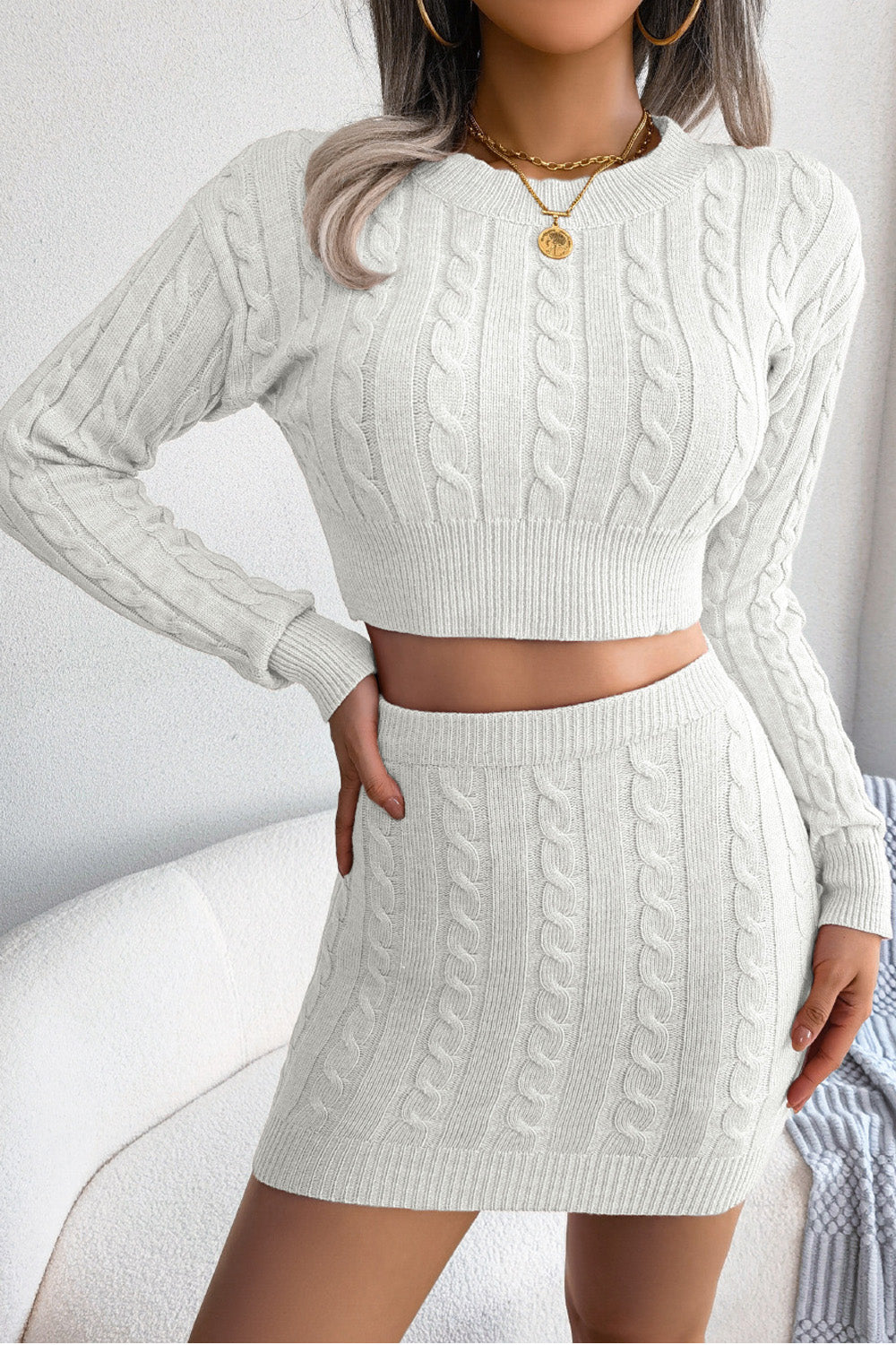 Women's Casual Twist Cropped Sweater Package Hip Skirt Knitted Set