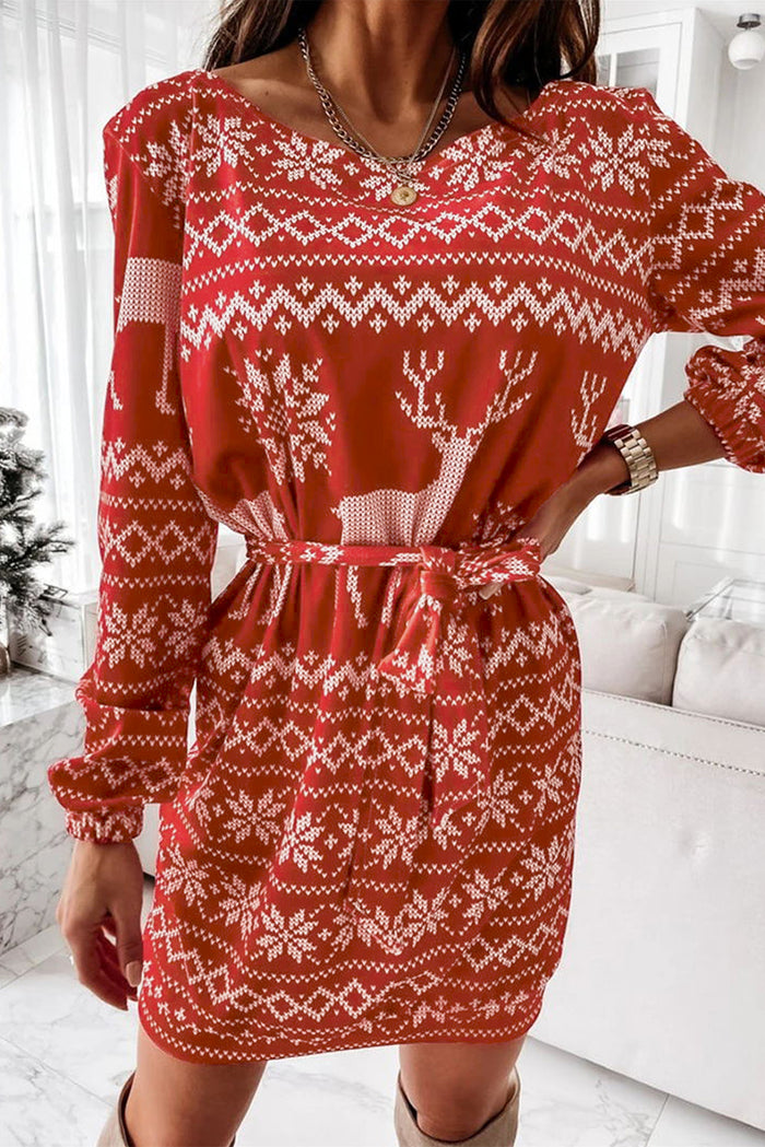 Women's Christmas Pattern Print Lace-up One Shoulder Long Sleeve Mini Dress