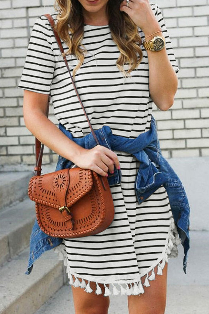 Women's Crew Neck Loose fit Striped T-shirt Mini Dress with Tassel