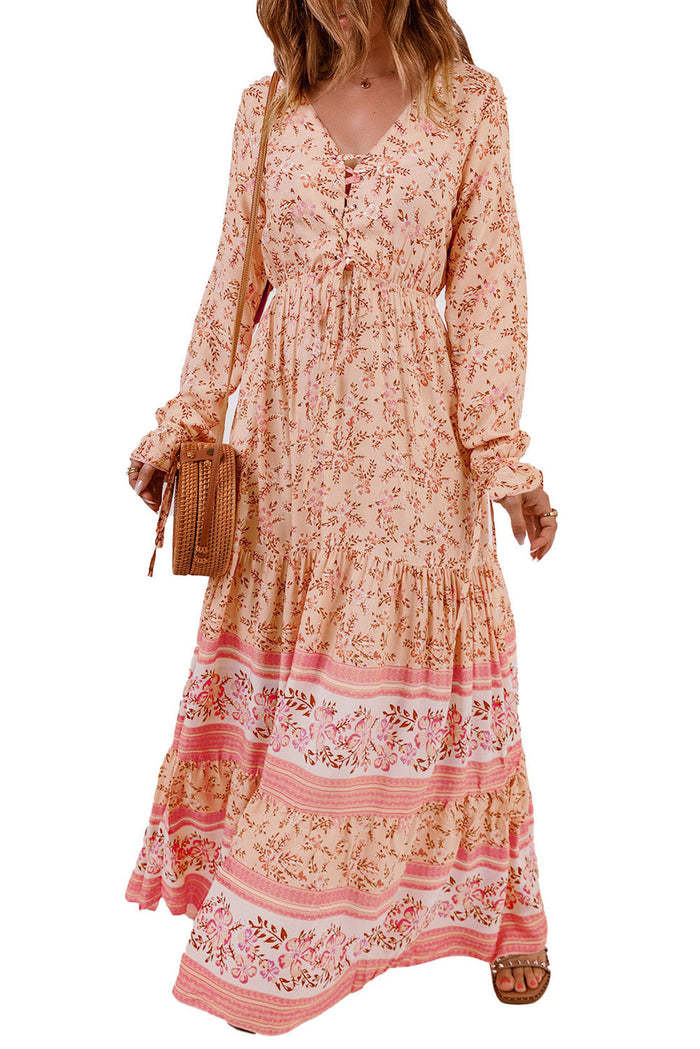 Women's Drawstring Lace-up V Neck Long Sleeve Floral Maxi Dress