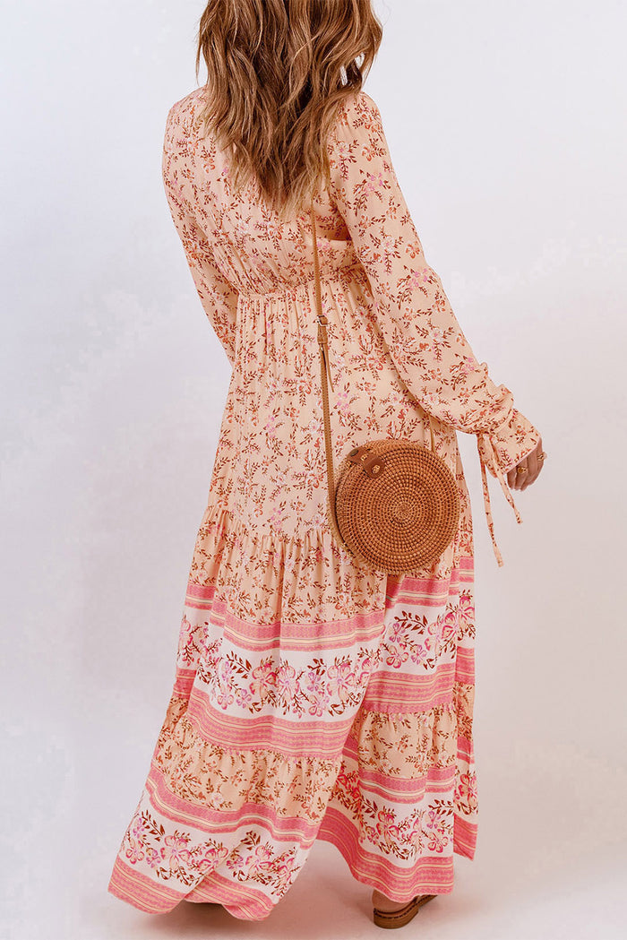 Women's Drawstring Lace-up V Neck Long Sleeve Floral Maxi Dress