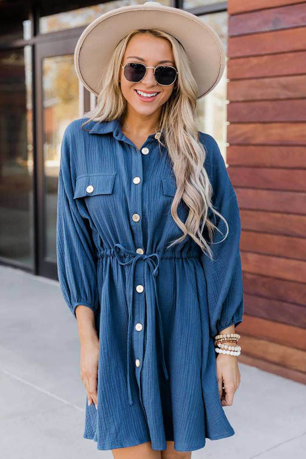 Women's Drawstring Tunic Design of the waist Tunic Shirt Dress