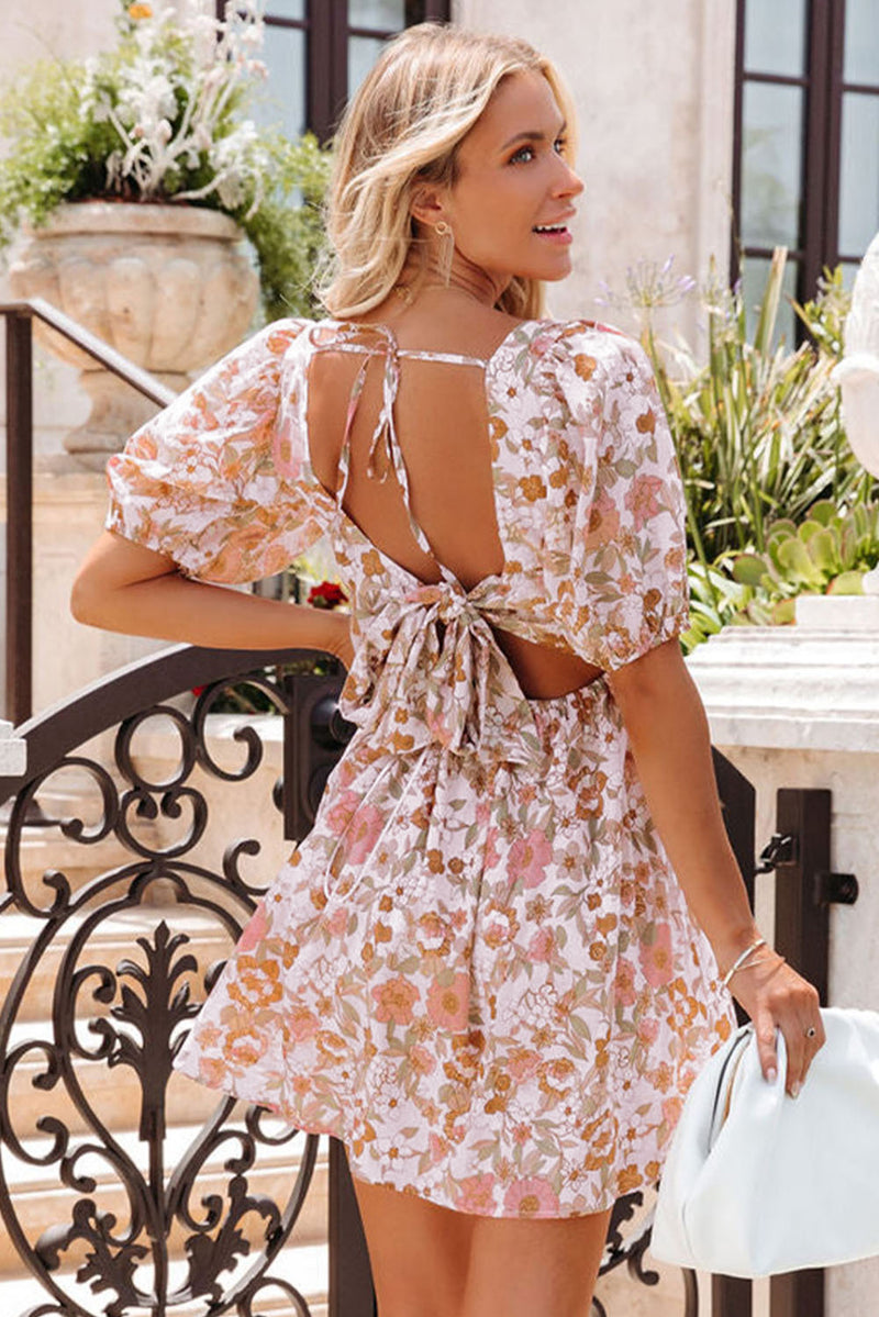 Women's Floral Print Bow Knot Square Neck Mini Dress Backless Features a Strappy and Ribbons Tie