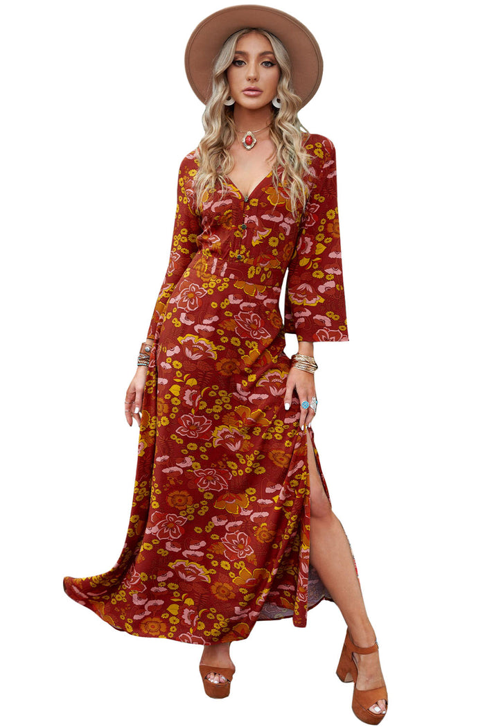 Women's Floral Print Side Slit Buttons V Neck Maxi Dress