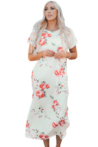 Women's Floral Print Side Slits Short Sleeves T Shirt Long Dress with Side Pockets