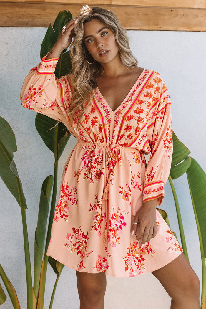 Women's Floral Tassel Drawstring Kimono Sunset Hues Dress