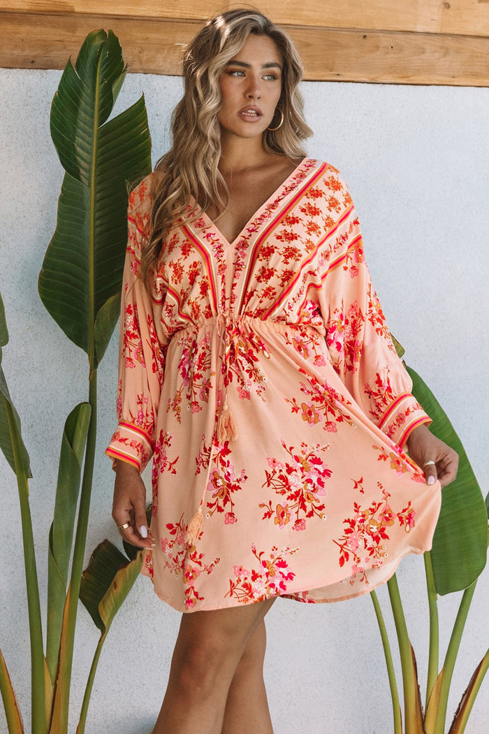 Women's Floral Tassel Drawstring Kimono Sunset Hues Dress