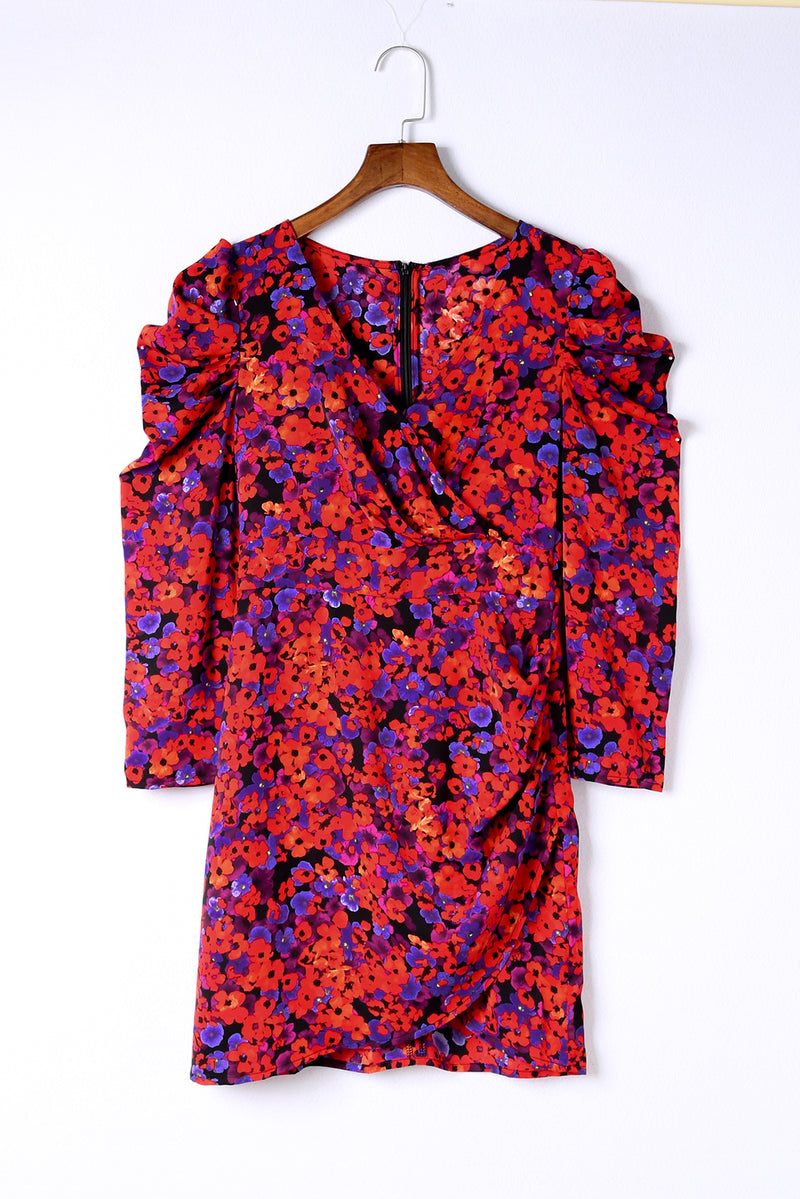 Women's Floret Print Wrap V Neck Soft Bodycon Mini Dress