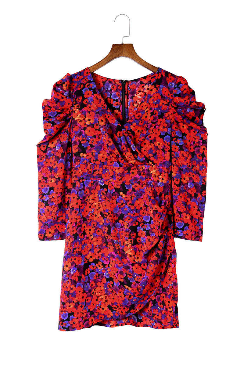 Women's Floret Print Wrap V Neck Soft Bodycon Mini Dress