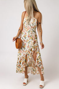 Women's Flowy Ruffle Slit Halter Neck Sleeveless High-Waist Floral Midi Dress