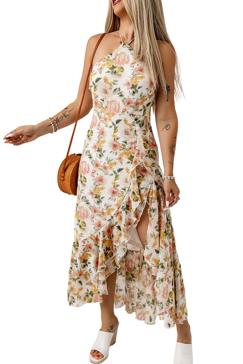 Women's Flowy Ruffle Slit Halter Neck Sleeveless High-Waist Floral Midi Dress