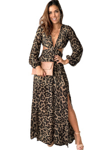 Women's Front Knot Cut out Waist Leopard Long Sleeve Maxi Dress