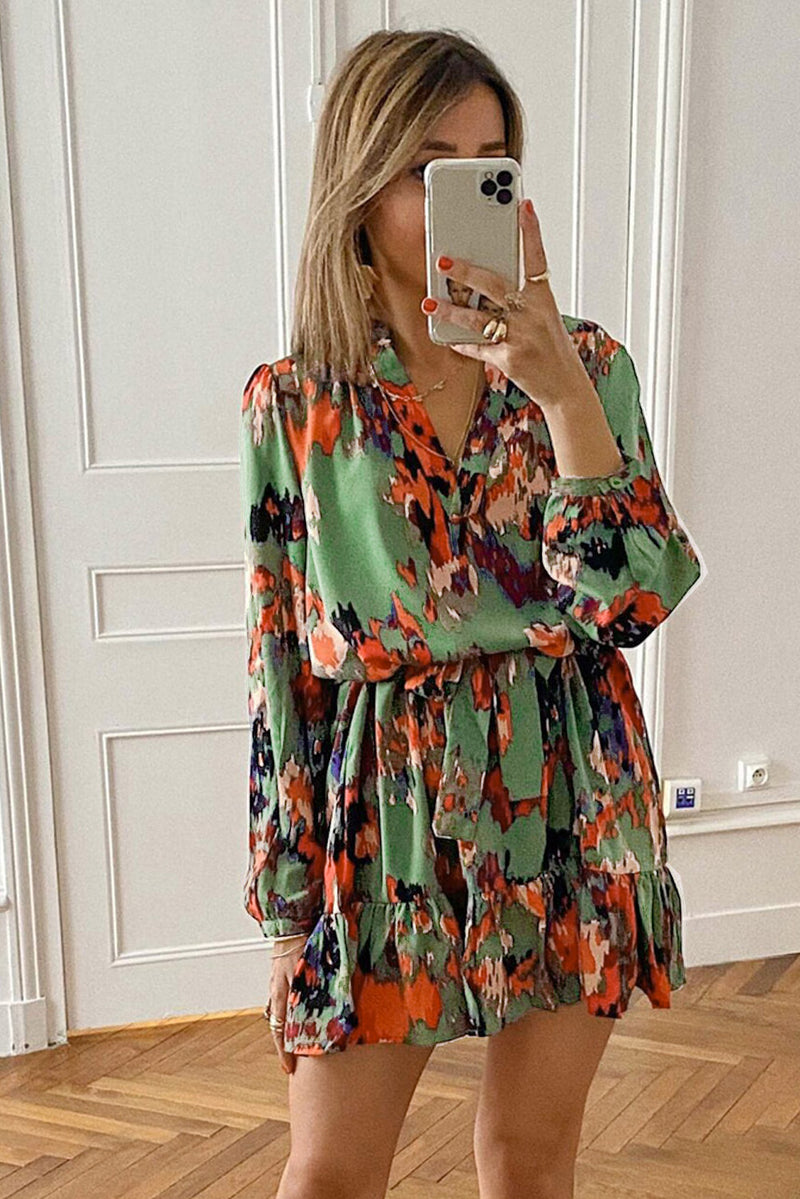 Women's Green Abstract Print Ruffled Drawstring High Waist Mini Dress