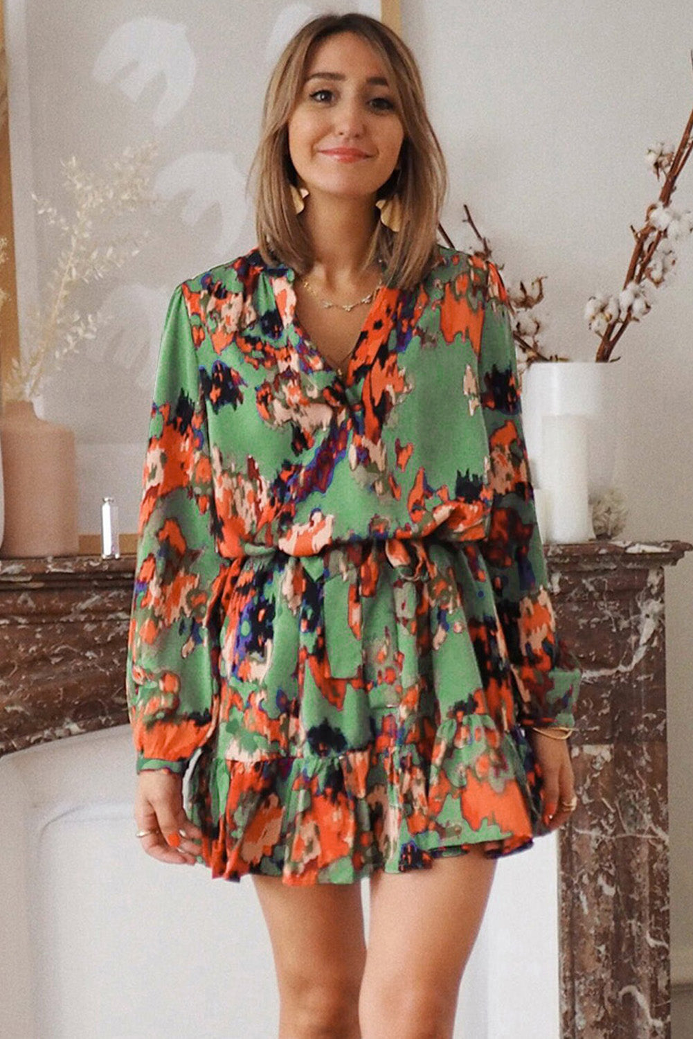 Women's Green Abstract Print Ruffled Drawstring High Waist Mini Dress