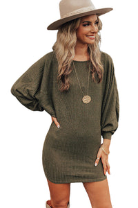 Women's Green Batwing Sleeves Ribbed Knit Winter Sweater Dress