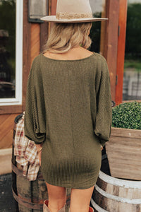 Women's Green Batwing Sleeves Ribbed Knit Winter Sweater Dress