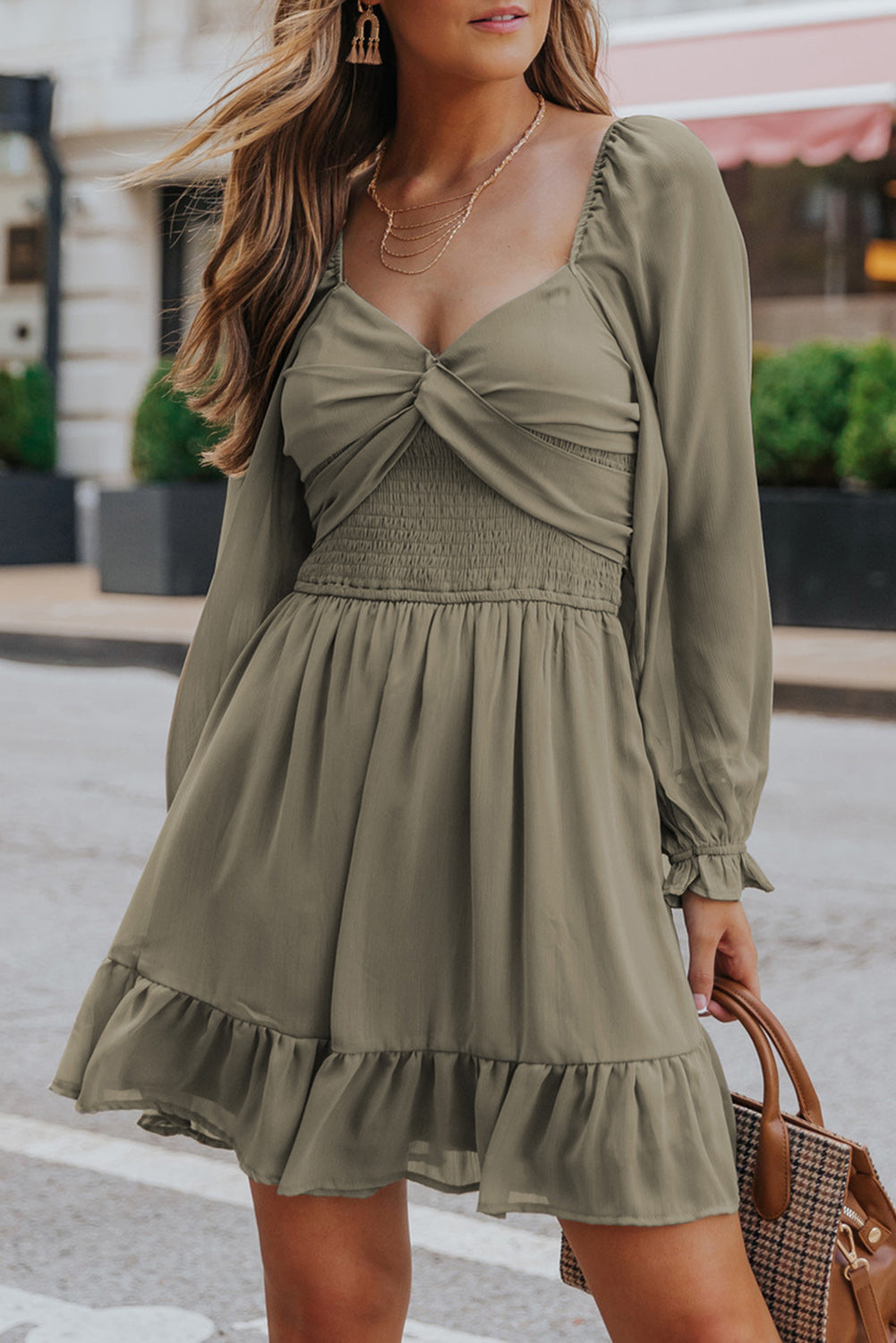 Women's Green Long Sleeves Smocked A-line Dress