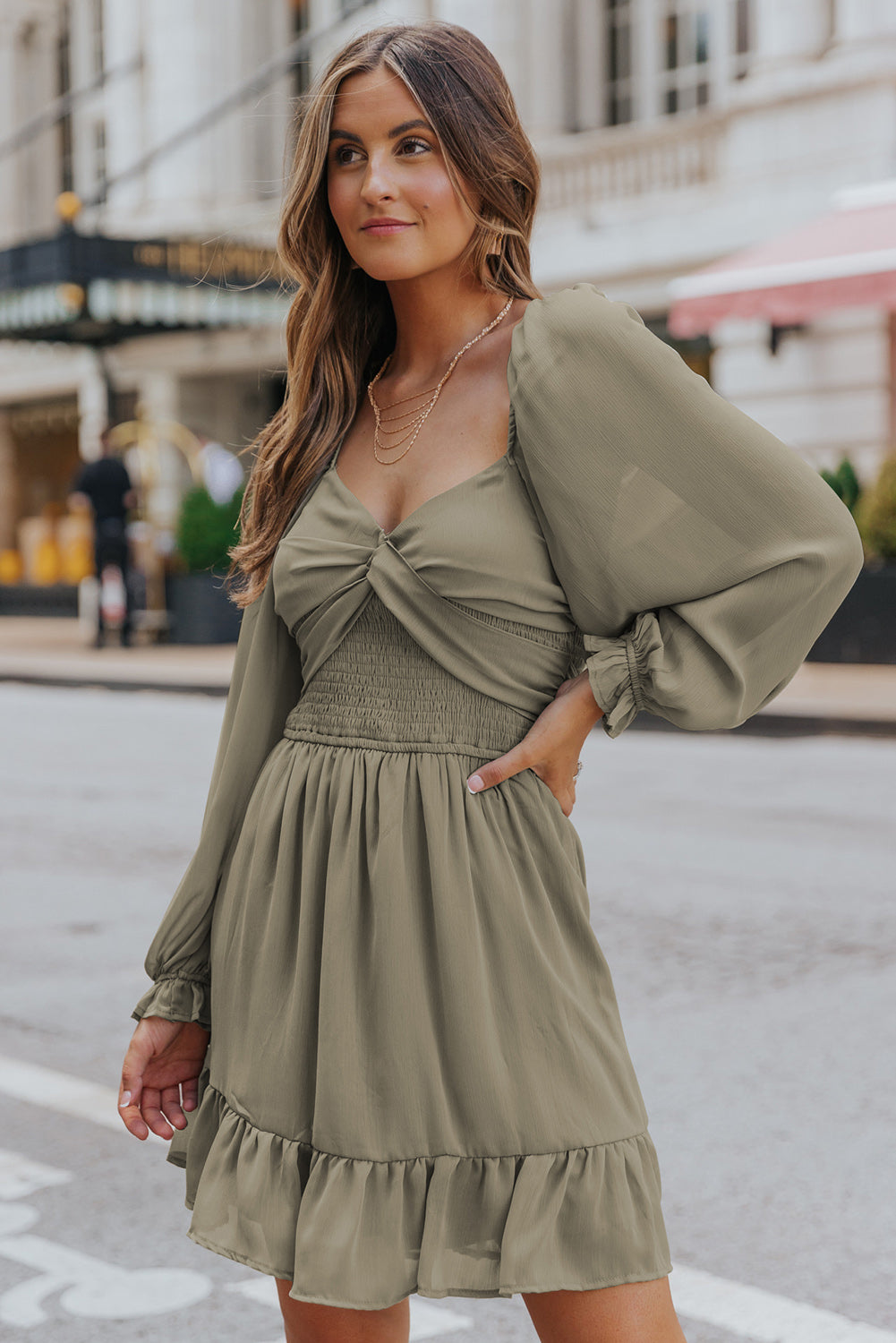 Women's Green Long Sleeves Smocked A-line Dress