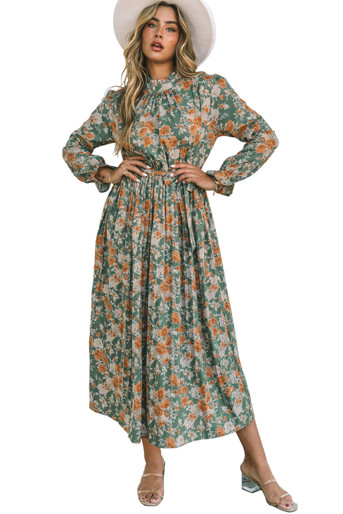 Women's Green Pleated Long Sleeve Stand Neck Maxi Floral Dress with Tie