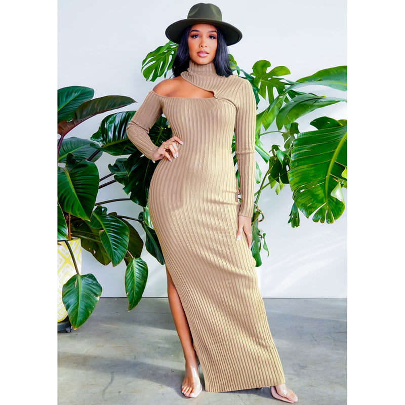 Women's Half Turtleneck Hem Slit Dress Turtleneck Pit Strip Long Dress