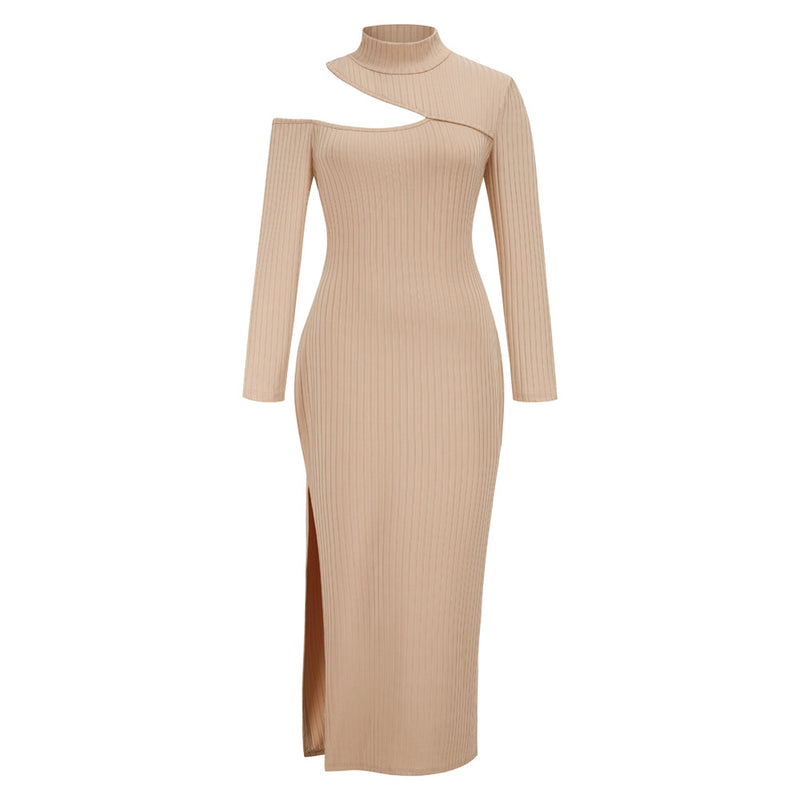 Women's Half Turtleneck Hem Slit Dress Turtleneck Pit Strip Long Dress